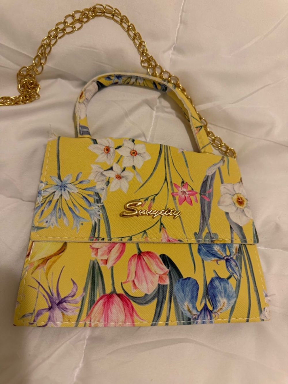 Floral Yellow Top-Handle Bag with Gold Chain